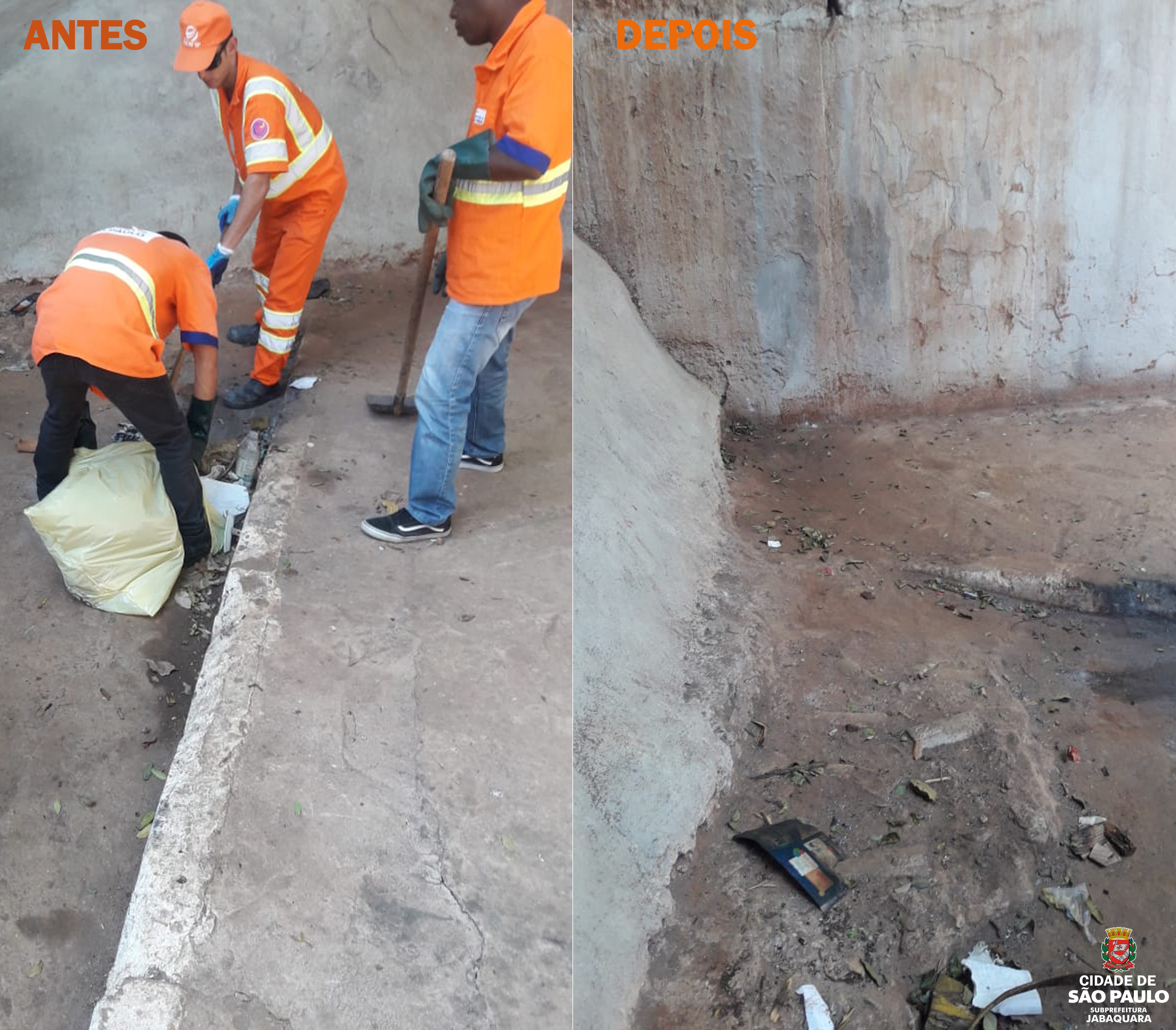 Fotografia de três funcionários da prefeitura fazendo a recolha do lixo embaixo do viaduto, na fotografia da direita a local está limpo. O logotipo da subprefeitura Jabaquara está localizado no canto inferior direito. 